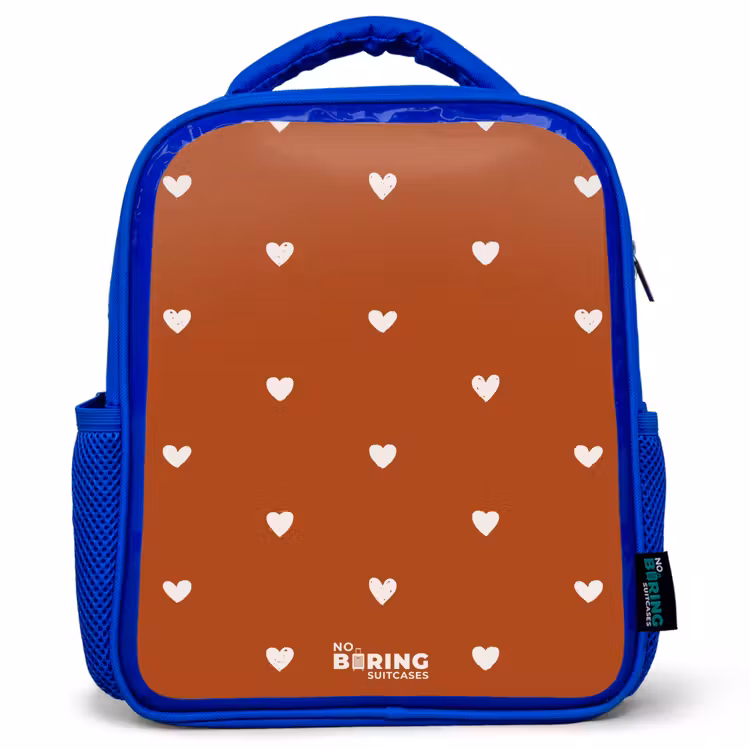 Kids backpack - Blue - White heart pattern on orange brown background — 1