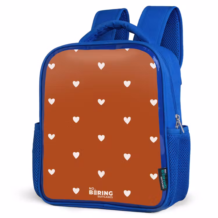 Kids backpack - Blue - White heart pattern on orange brown background — 3
