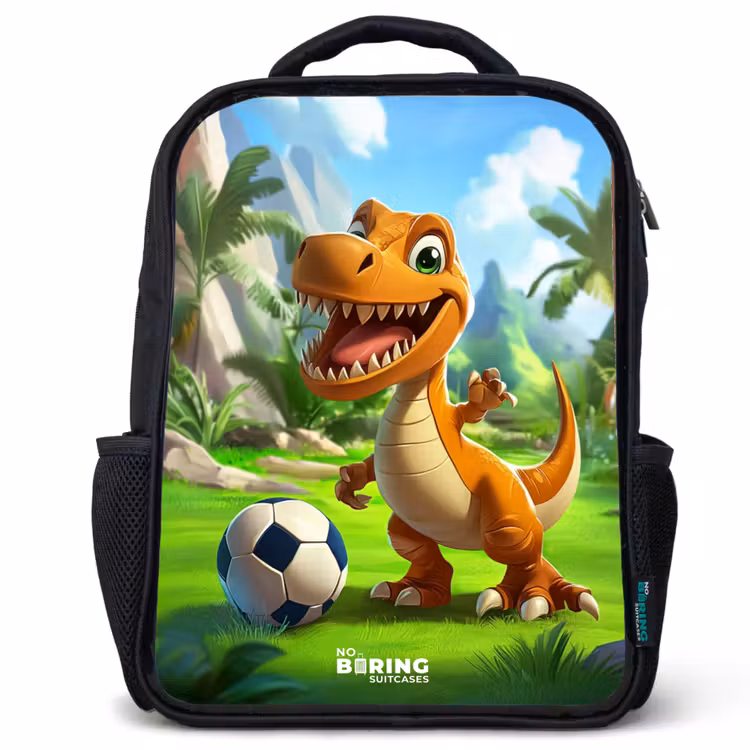 Kids backpack - Dino with a soccer in green landscape — 1