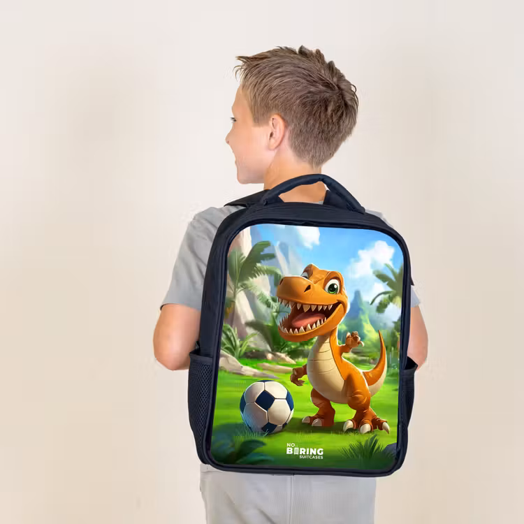 Kids backpack - Dino with a soccer in green landscape — 2