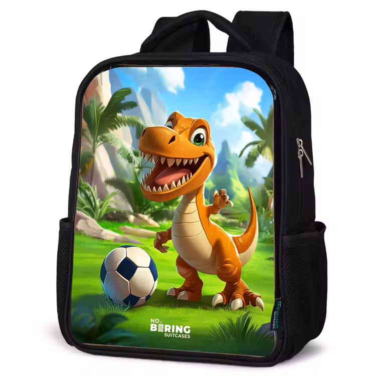 Kids backpack - Dino with a soccer in green landscape — 4
