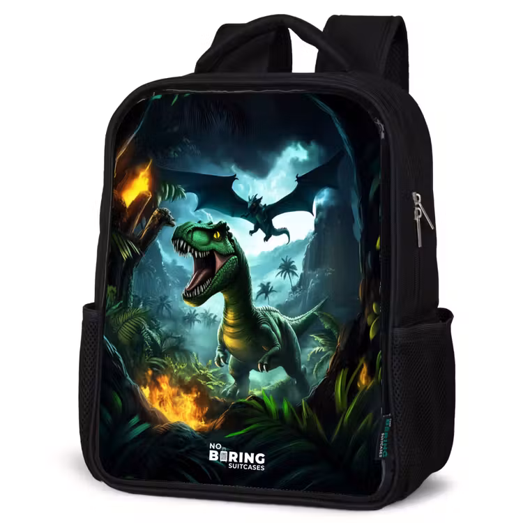Kids backpack - Dinosaur and dragon in fiery jungle valley — 4
