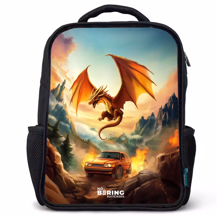 Kids backpack - Flying dragon over fiery mountain road — 1
