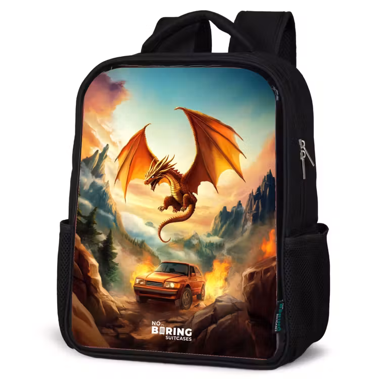 Kids backpack - Flying dragon over fiery mountain road — 4