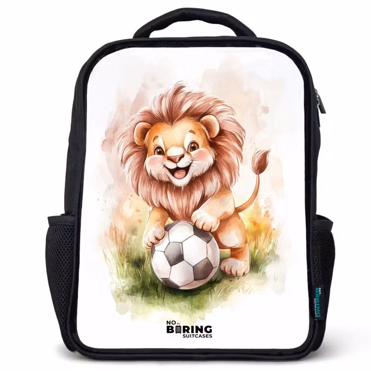 Kids backpack - Playful lion with soccer on lawn — 1