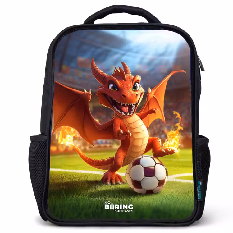 Kids backpack - Red dragon plays soccer in sunny stadium — 1