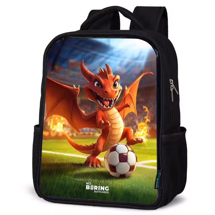 Kids backpack - Red dragon plays soccer in sunny stadium — 4