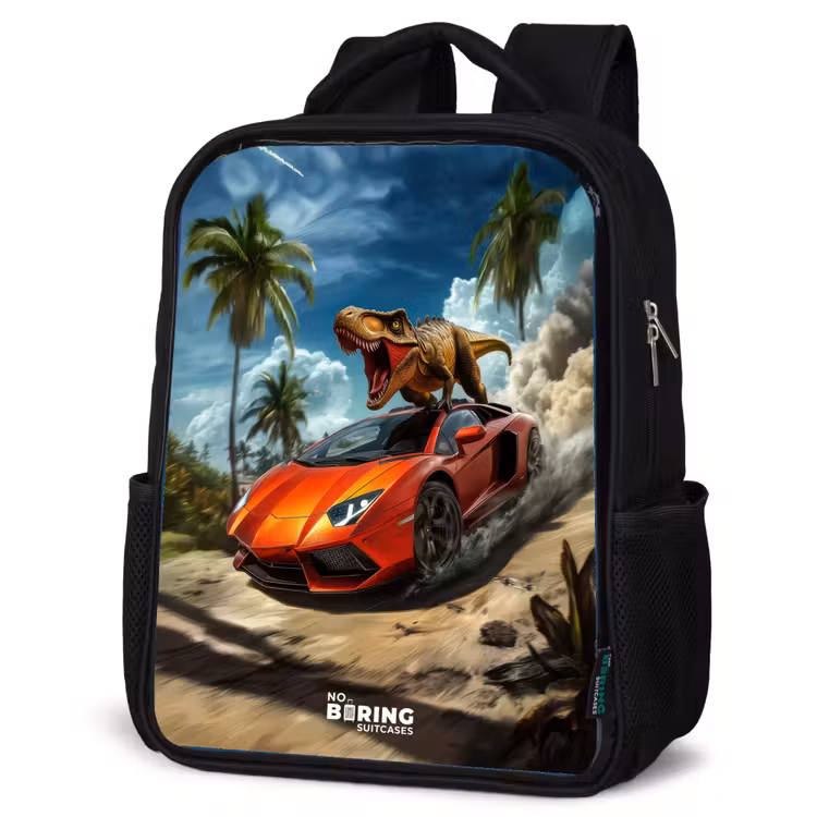 Kids backpack - Red sports car with dino races through tropical beach — 4