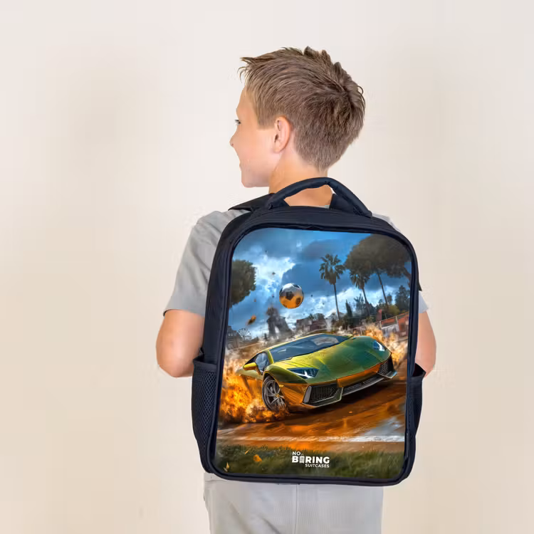 Kids backpack - Sports car crashes through soccer field with ball — 2