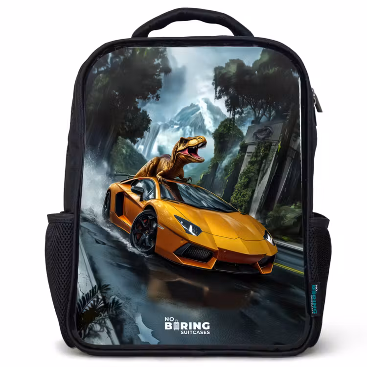 Kids backpack - T-Rex on orange sports car in rainy forest — 1
