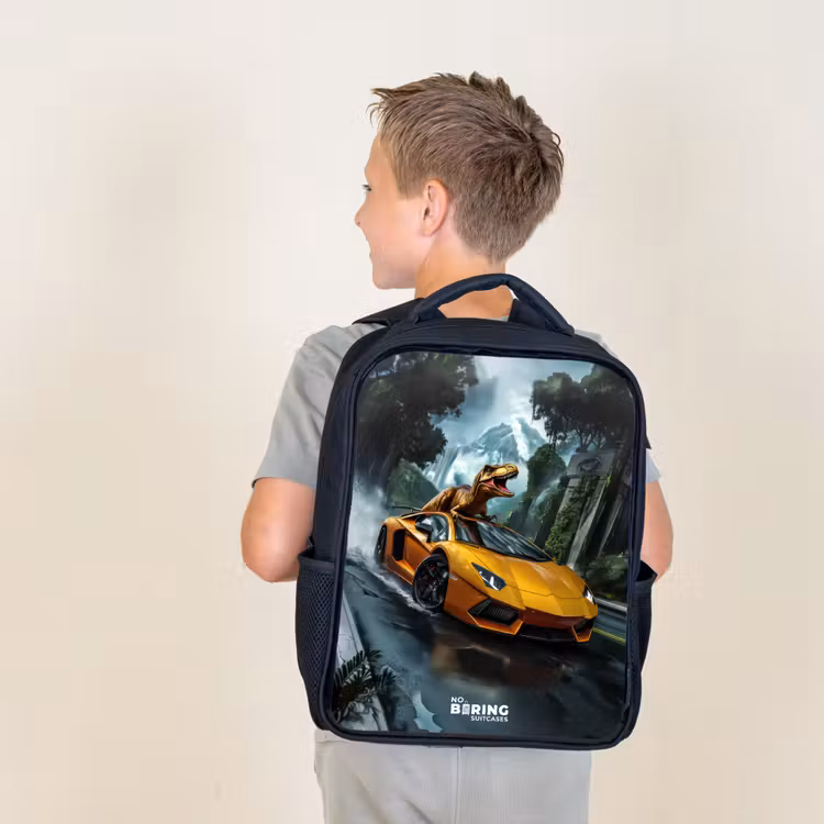 Kids backpack - T-Rex on orange sports car in rainy forest — 2