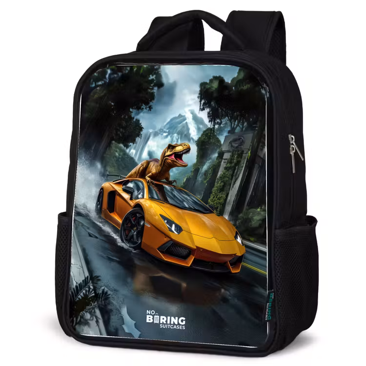 Kids backpack - T-Rex on orange sports car in rainy forest — 4