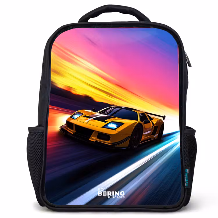 Kids backpack - Yellow race car at colorful sunset — 1