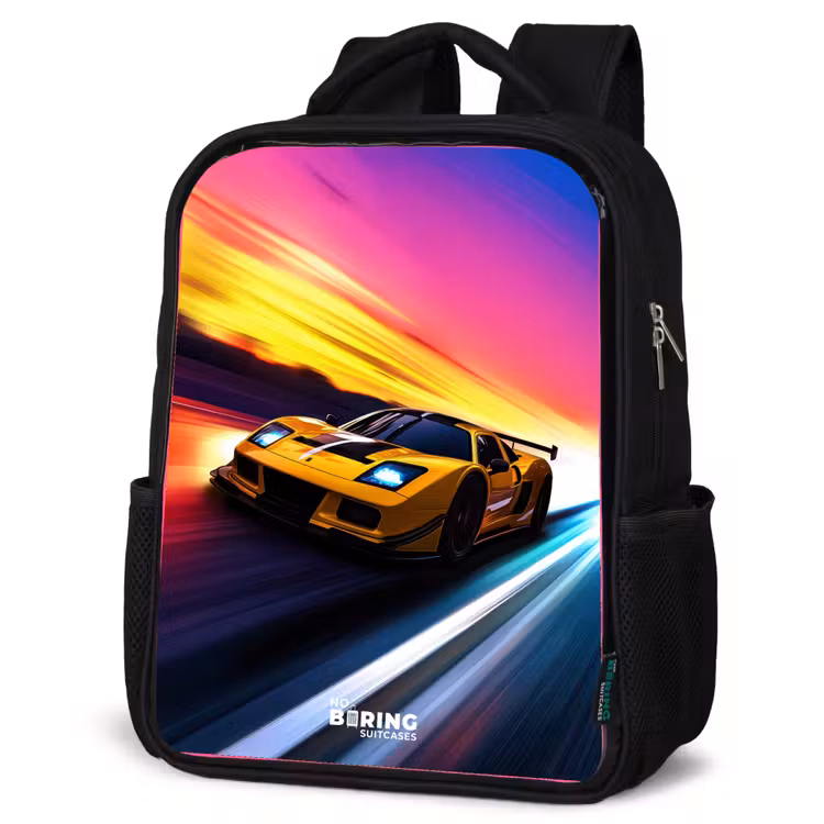 Kids backpack - Yellow race car at colorful sunset — 4