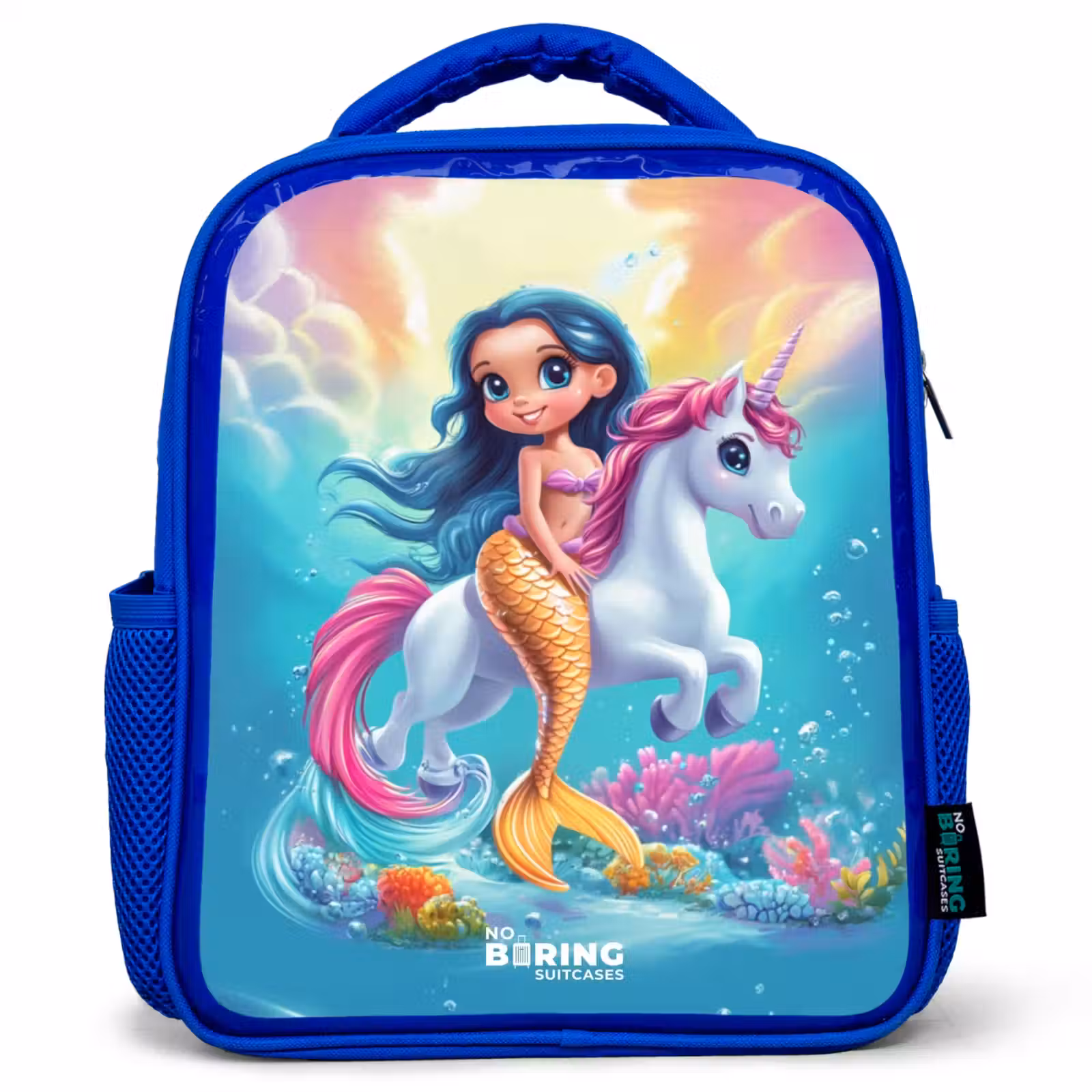 Kids backpack - Blue - Mermaid with golden tail with a white unicorn — 1