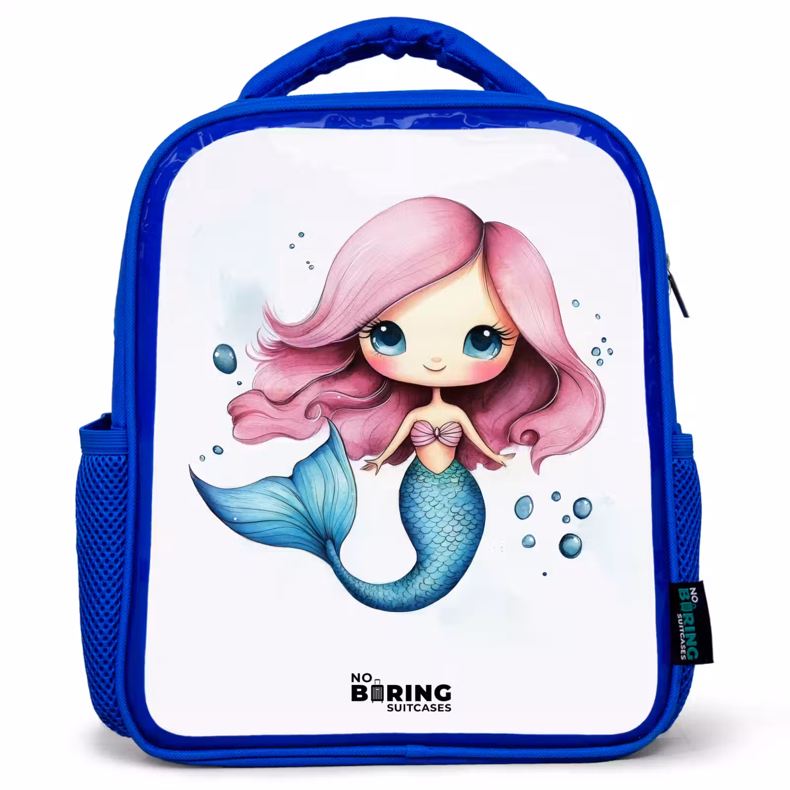 Kids backpack - Blue - Mermaid with pink hair and blue tail among bubbles — 1