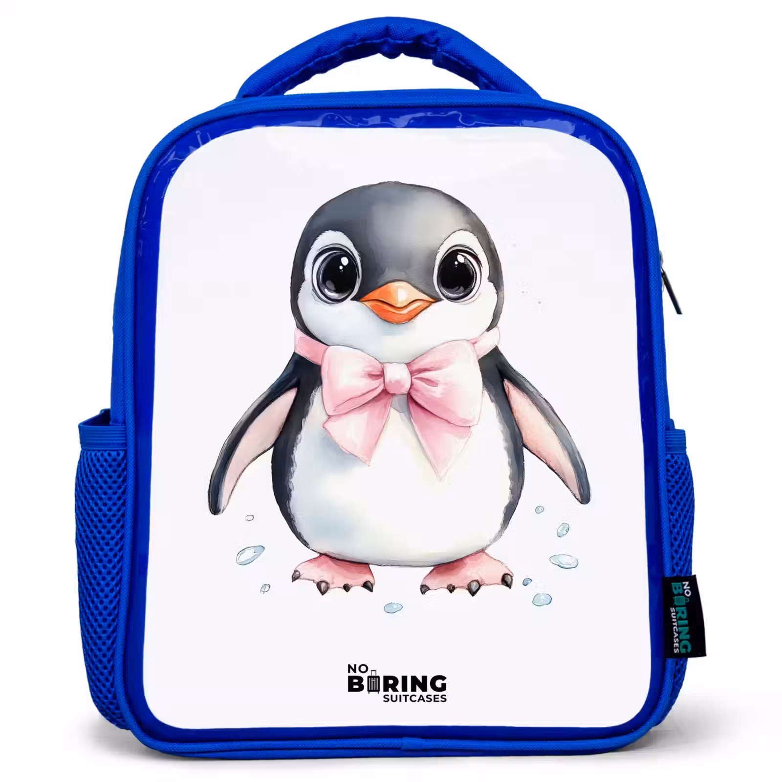 Kids backpack - Blue - Penguin with pink bow and ice drops — 1