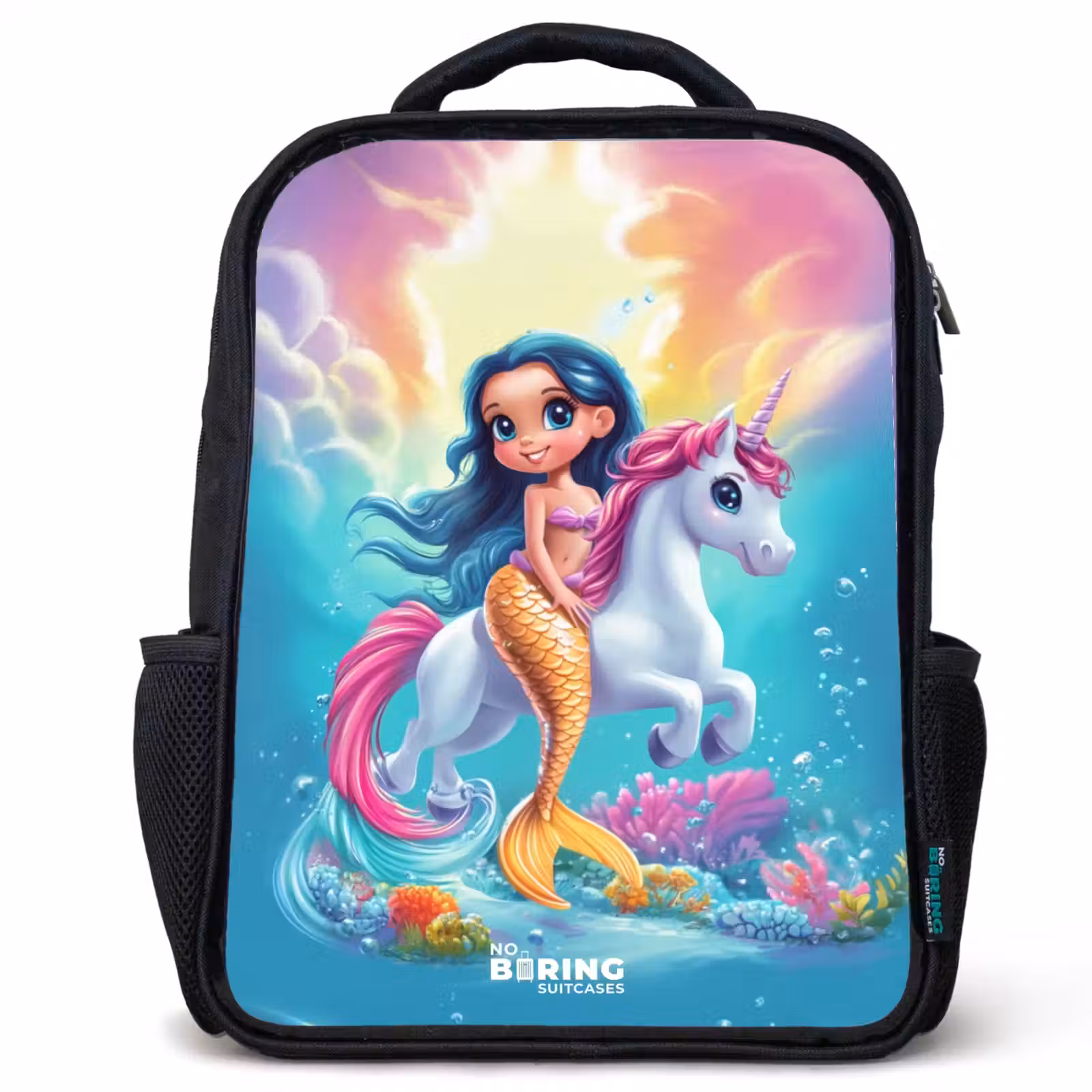 Kids backpack - Mermaid with golden tail with a white unicorn — 1
