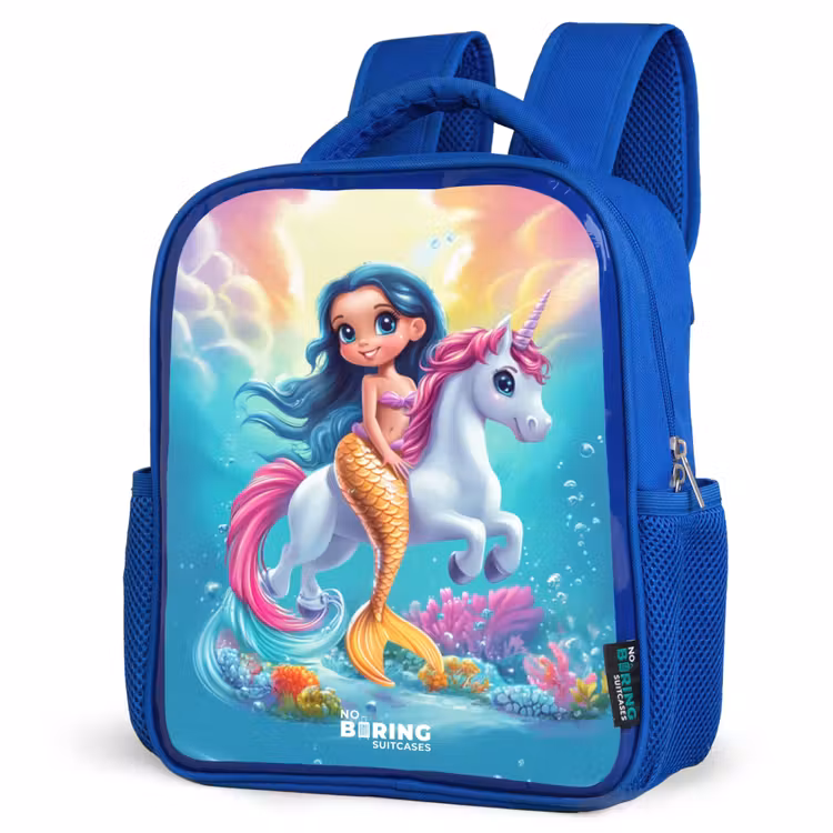 Kids backpack - Blue - Mermaid with golden tail with a white unicorn — 3