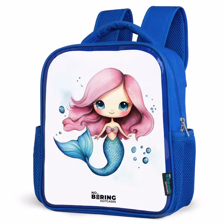 Kids backpack - Blue - Mermaid with pink hair and blue tail among bubbles — 3