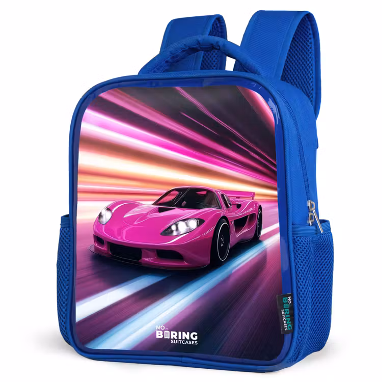 Kids backpack - Blue - Pink race car flashes through neon light — 3