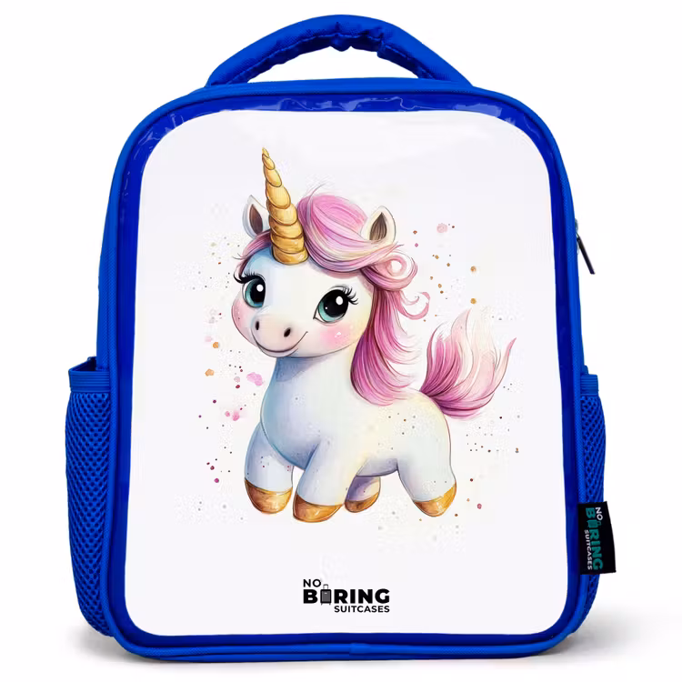 Kids backpack - Blue - White unicorn with pink mane — 1