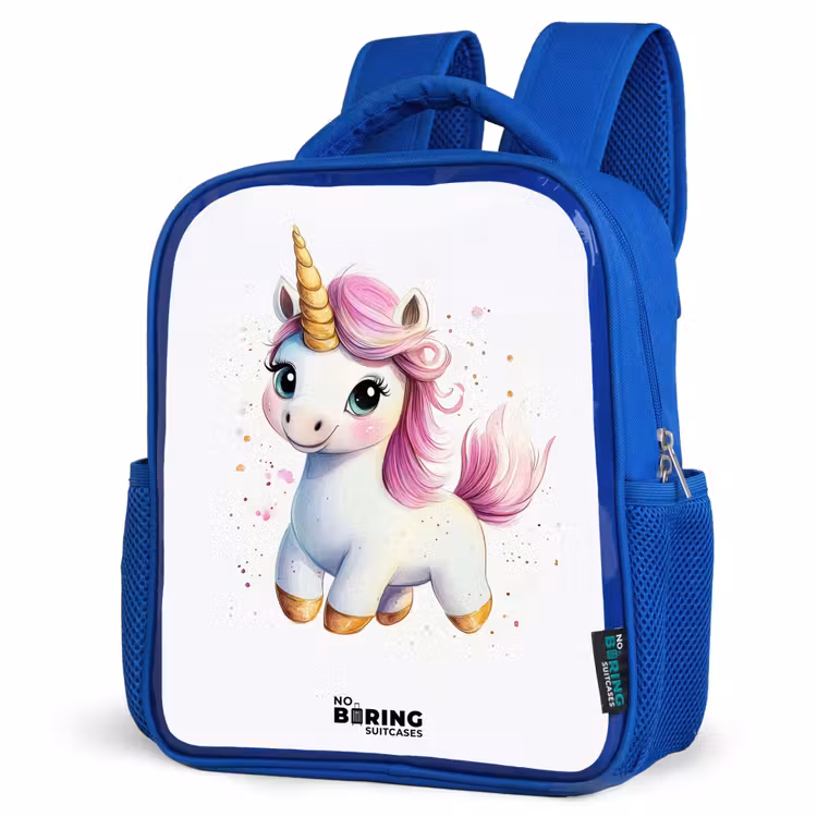 Kids backpack - Blue - White unicorn with pink mane — 3