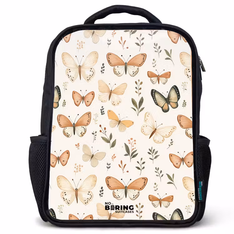 Kids backpack - Butterflies in beige and orange tones among green leaves — 1