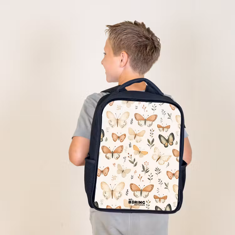 Kids backpack - Butterflies in beige and orange tones among green leaves — 2