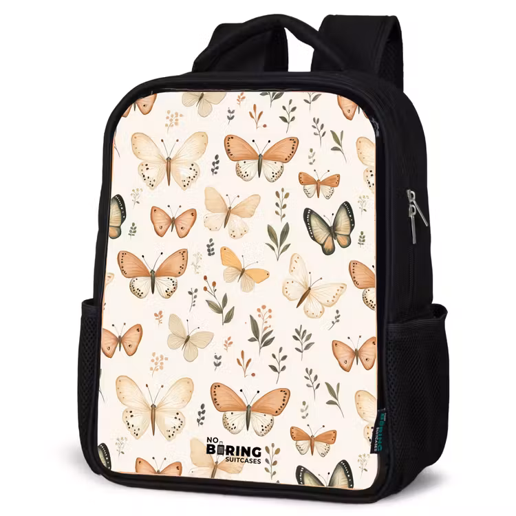 Kids backpack - Butterflies in beige and orange tones among green leaves — 4