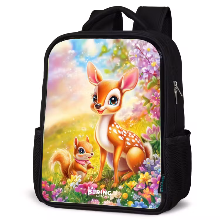 Kids backpack - Deer and squirrel in colorful field of flowers — 4