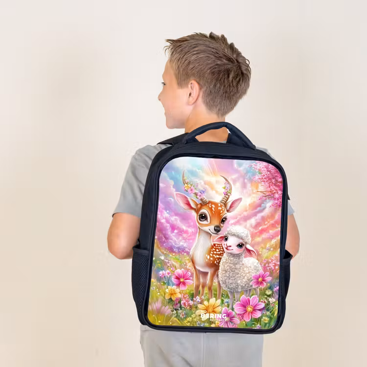 Kids backpack - Deer with a lamb in pastel flower field — 2