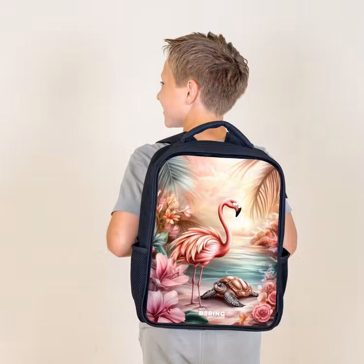 Kids backpack - Flamingo and turtle on a pink beach. — 2