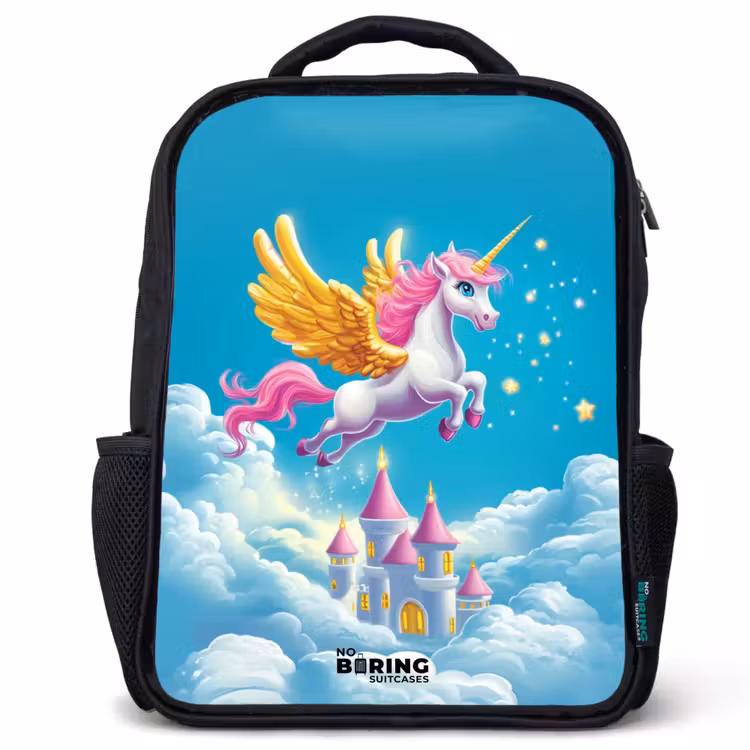 Kids backpack - Flying unicorn with golden wings above castle — 1