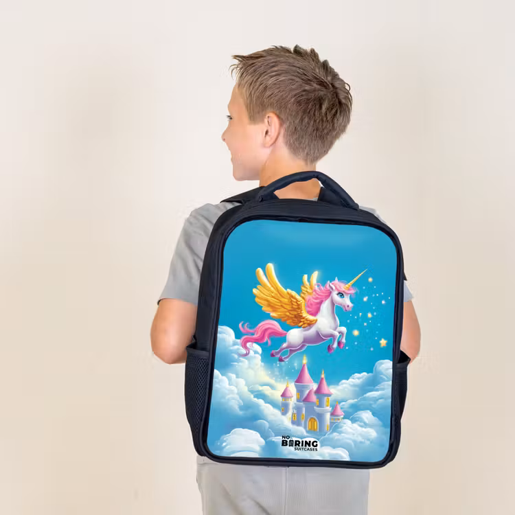 Kids backpack - Flying unicorn with golden wings above castle — 2