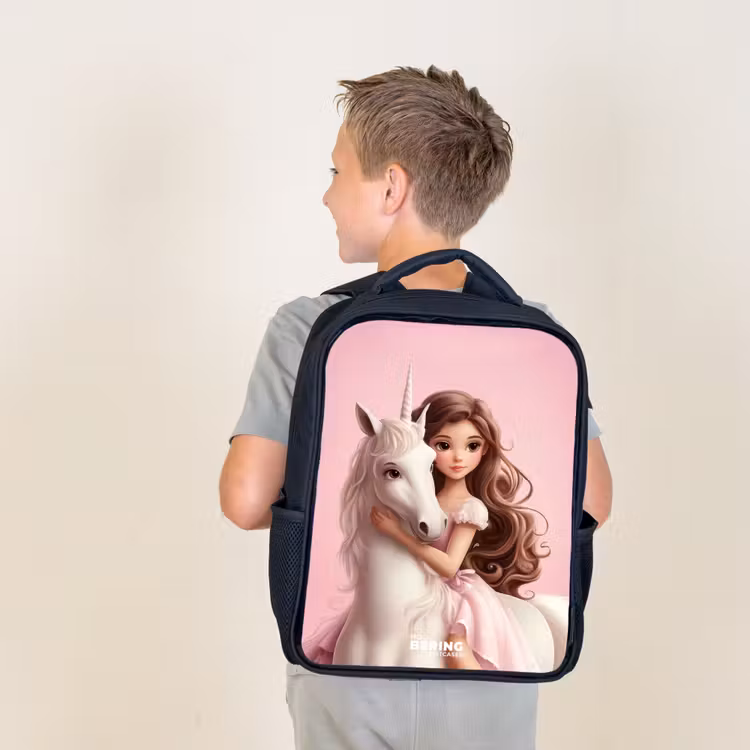 Kids backpack - Girl with white unicorn on pink background — 2