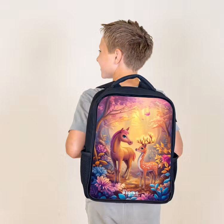 Kids backpack - Horse and deer in a pink fairy tale forest — 2