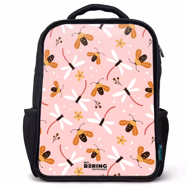 Kids backpack - Ladybugs and dragonflies on pink background — 1