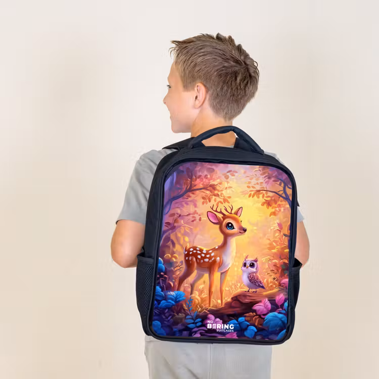 Kids backpack - Little deer and owl in a pink fairy tale forest — 2
