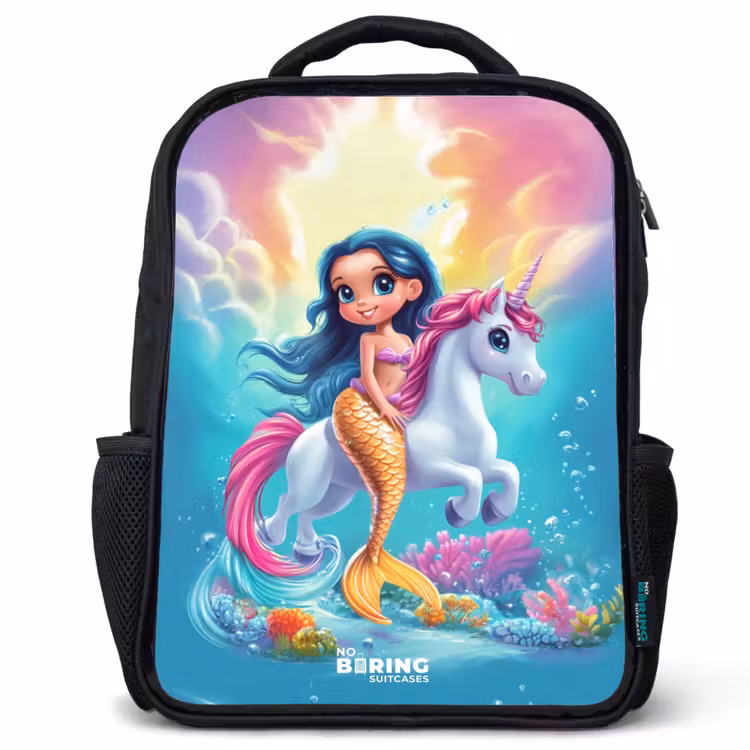 Kids backpack - Mermaid with golden tail with a white unicorn — 1
