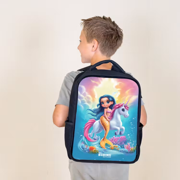 Kids backpack - Mermaid with golden tail with a white unicorn — 2
