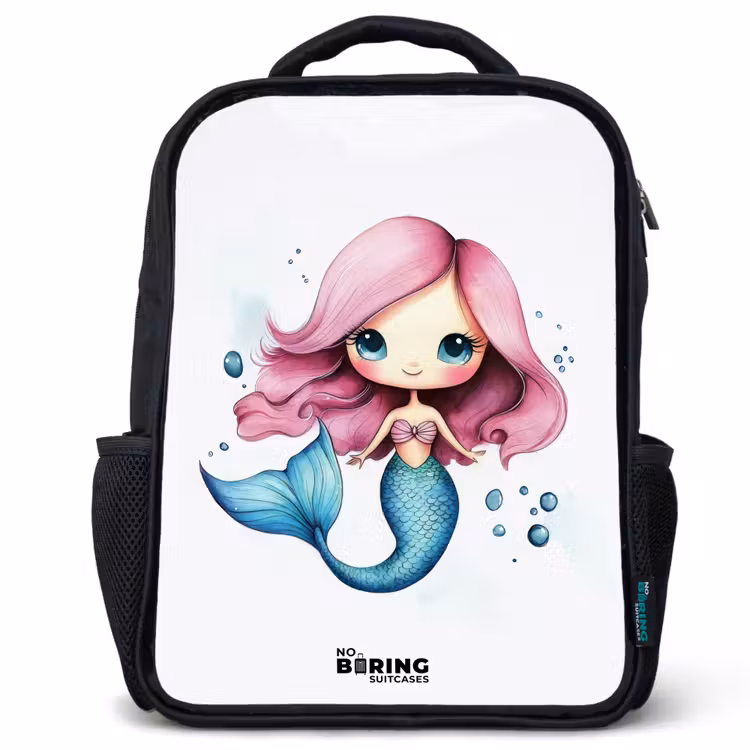 Kids backpack - Mermaid with pink hair and blue tail among bubbles — 1