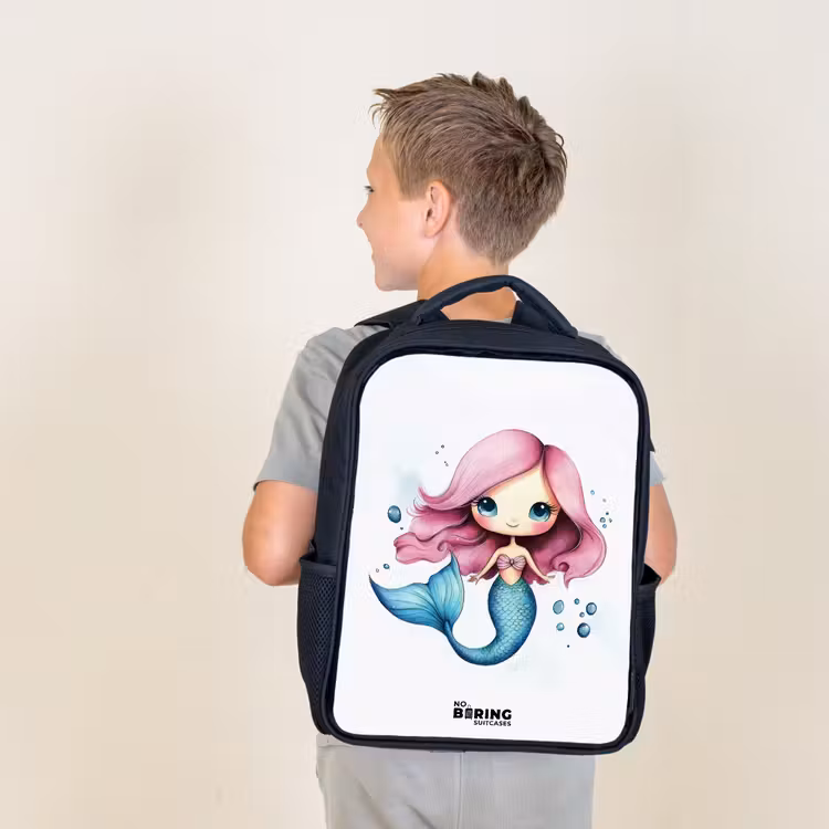 Kids backpack - Mermaid with pink hair and blue tail among bubbles — 2
