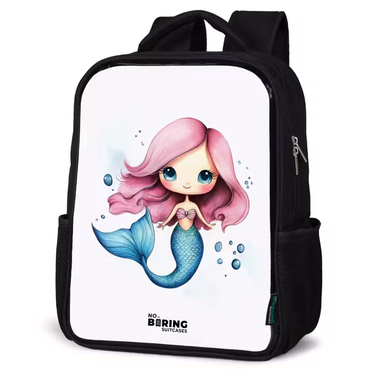 Kids backpack - Mermaid with pink hair and blue tail among bubbles — 4