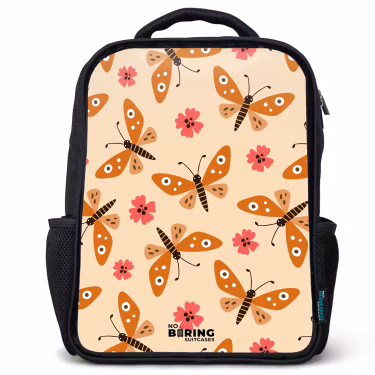 Kids backpack - Orange butterflies and pink flowers on beige background — 1