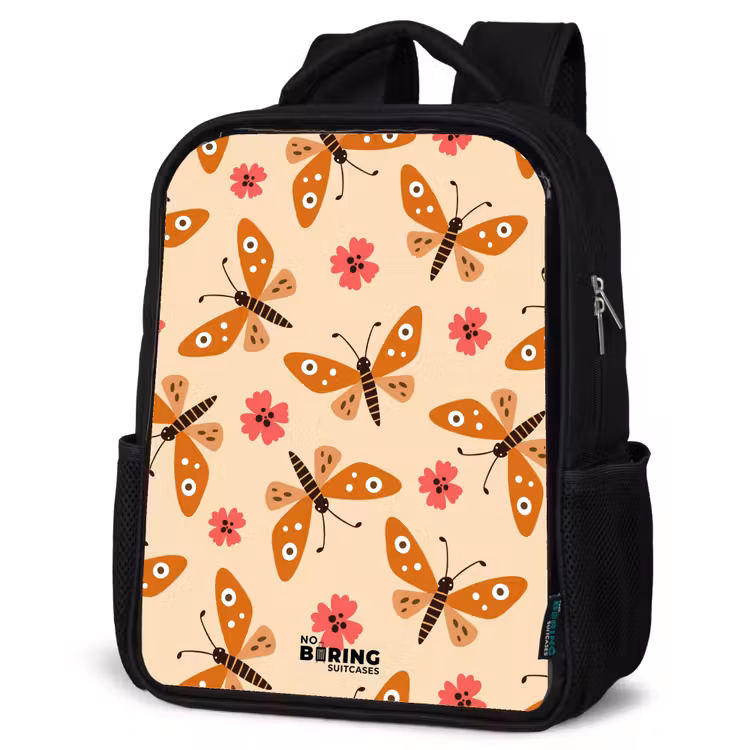 Kids backpack - Orange butterflies and pink flowers on beige background — 4
