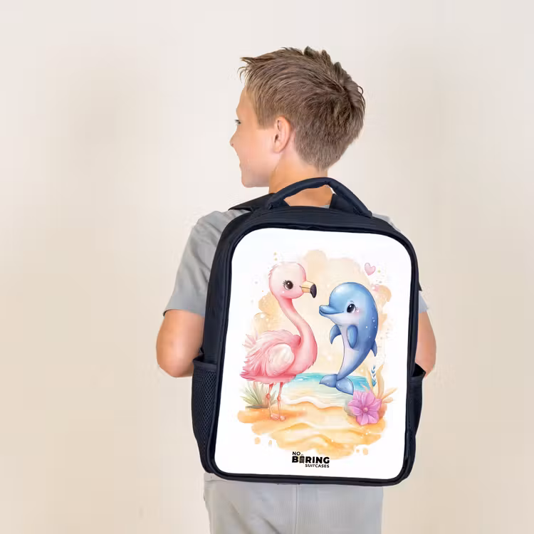 Kids backpack - Pink flamingo and blue dolphin on a beach — 2