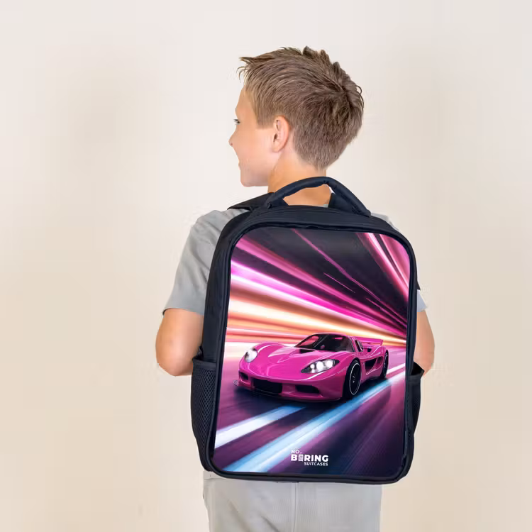 Kids backpack - Pink race car flashes through neon light — 2