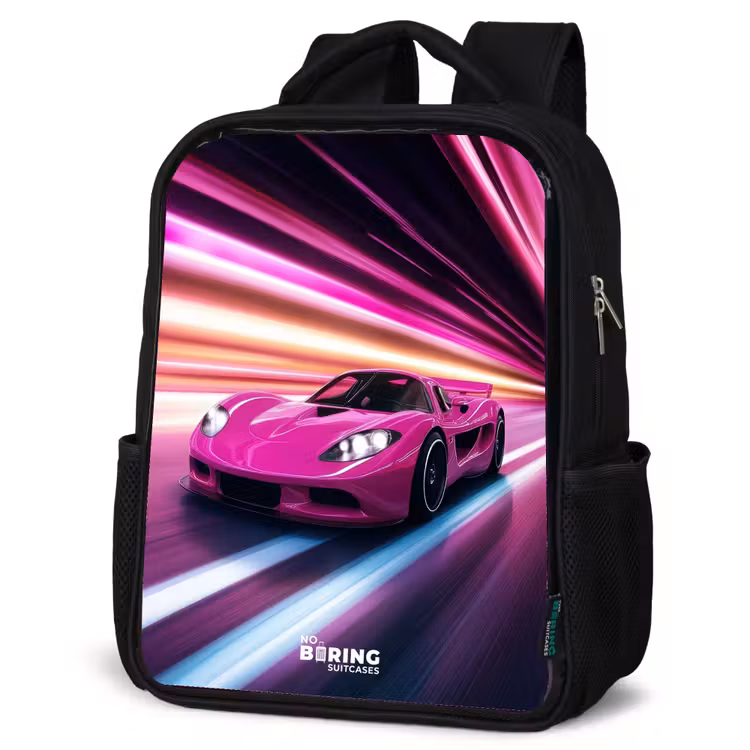 Kids backpack - Pink race car flashes through neon light — 4