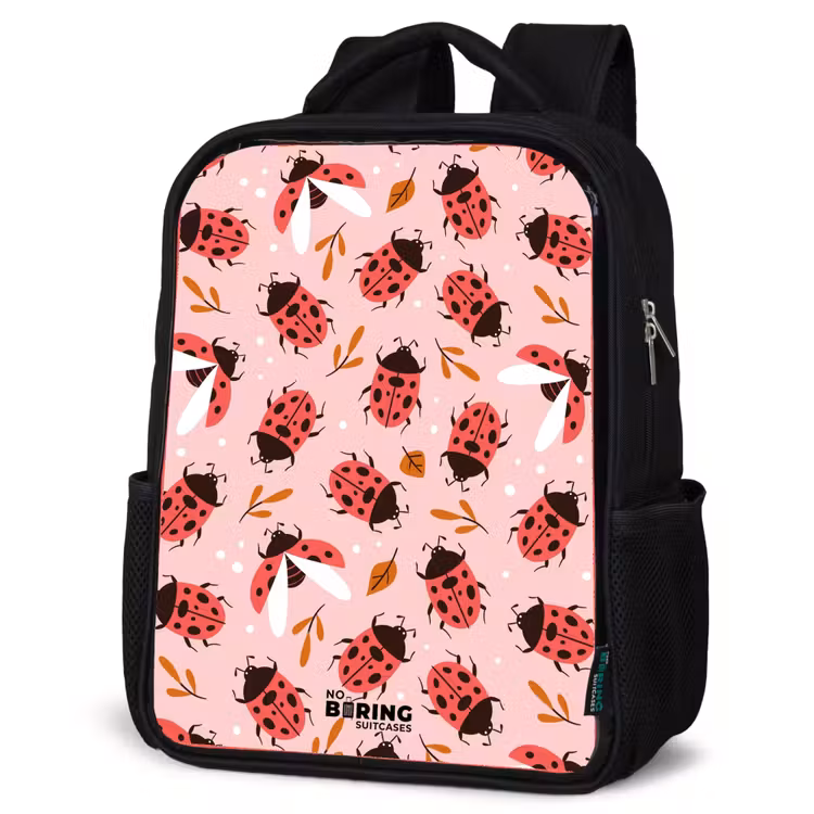 Kids backpack - Red ladybugs on pink background — 4